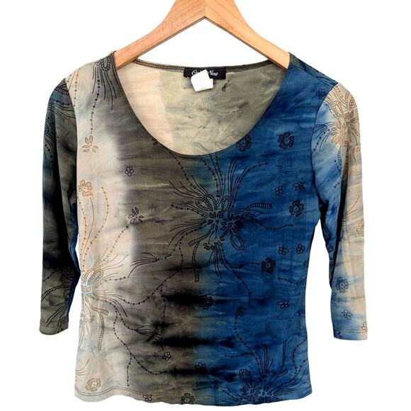 Y2K Only Nine Blue Green Floral Abstract Mesh Small Top Boho Y2K Sheer Print - Picture 1 of 3